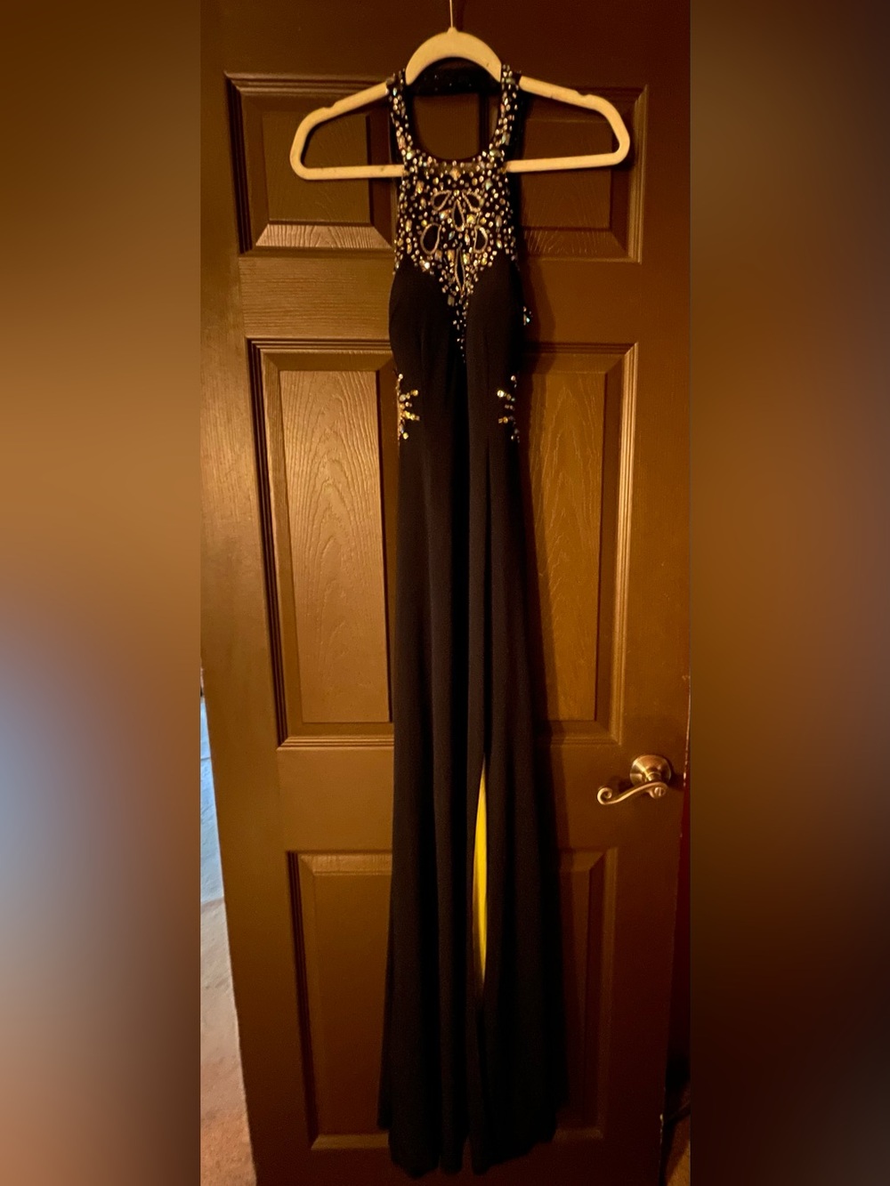 BETSY & ADAM Formal Navy Blue Dress with Halter Top and Rhinestones (size 4)